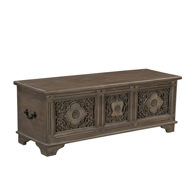 Banc de rangement sculpté en bois marron/gris avec couvercle relevable – 1 place