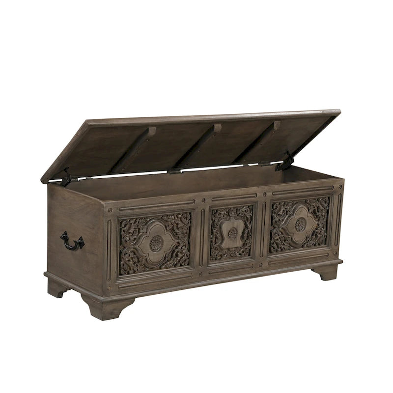 Banc de rangement sculpté en bois marron/gris avec couvercle relevable – 1 place