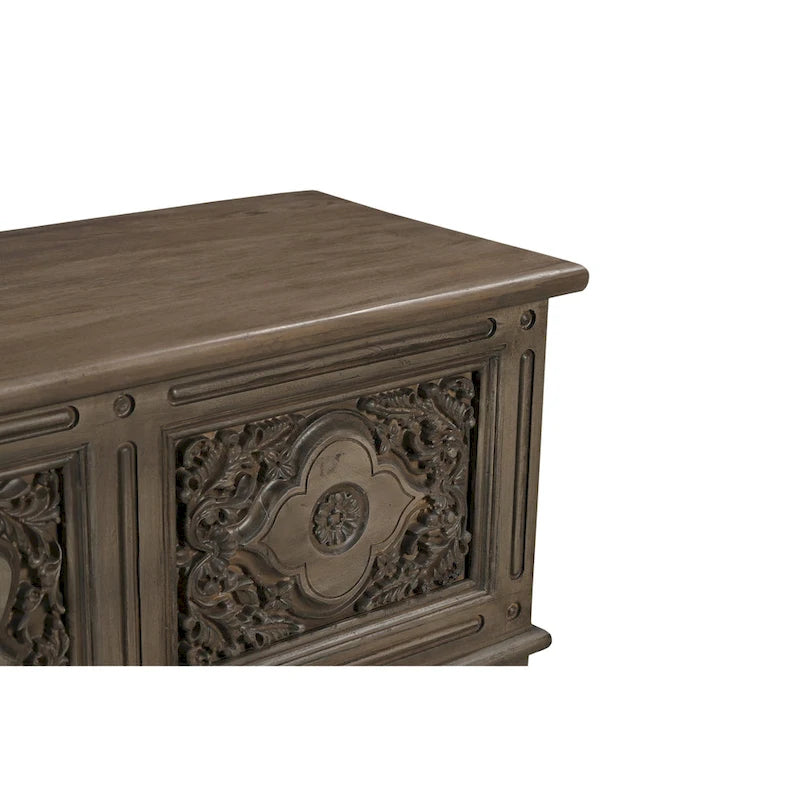 Banc de rangement sculpté en bois marron/gris avec couvercle relevable – 1 place