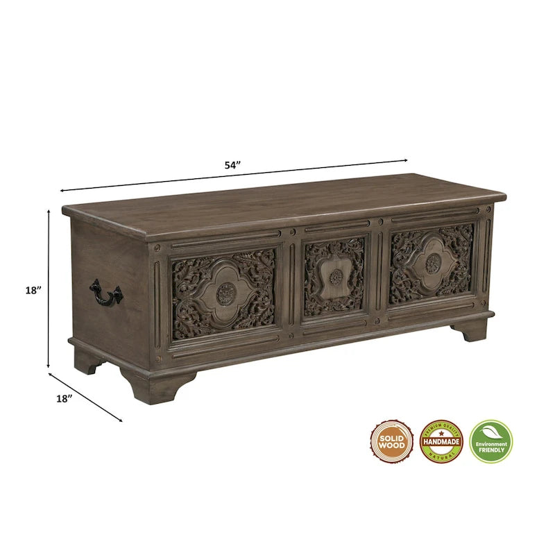 Banc de rangement sculpté en bois marron/gris avec couvercle relevable – 1 place