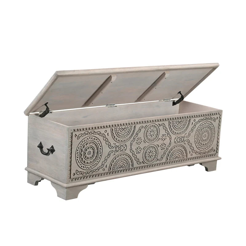 Banc de rangement sculpté en bois marron/gris avec couvercle relevable – 1 place