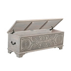 Banc de rangement sculpté en bois marron/gris avec couvercle relevable – 1 place