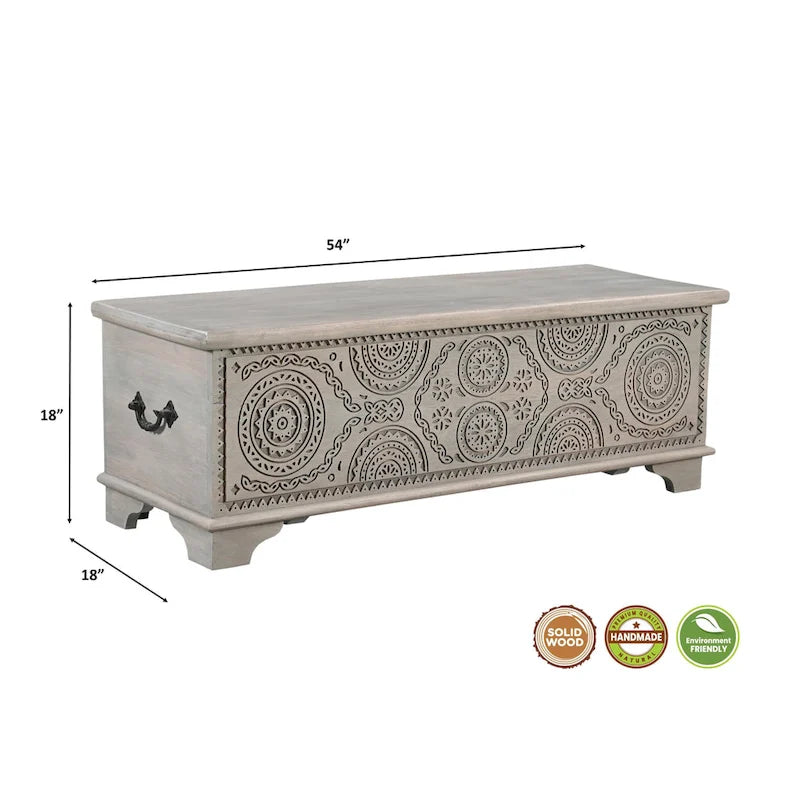 Banc de rangement sculpté en bois marron/gris avec couvercle relevable – 1 place