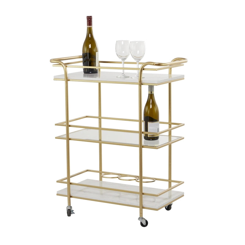 Chariot de bar roulant à 3 niveaux Or - Étagères en marbre et verre - Unité unique