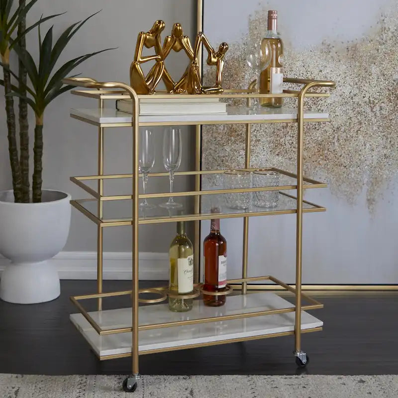 Chariot de bar roulant à 3 niveaux Or - Étagères en marbre et verre - Unité unique