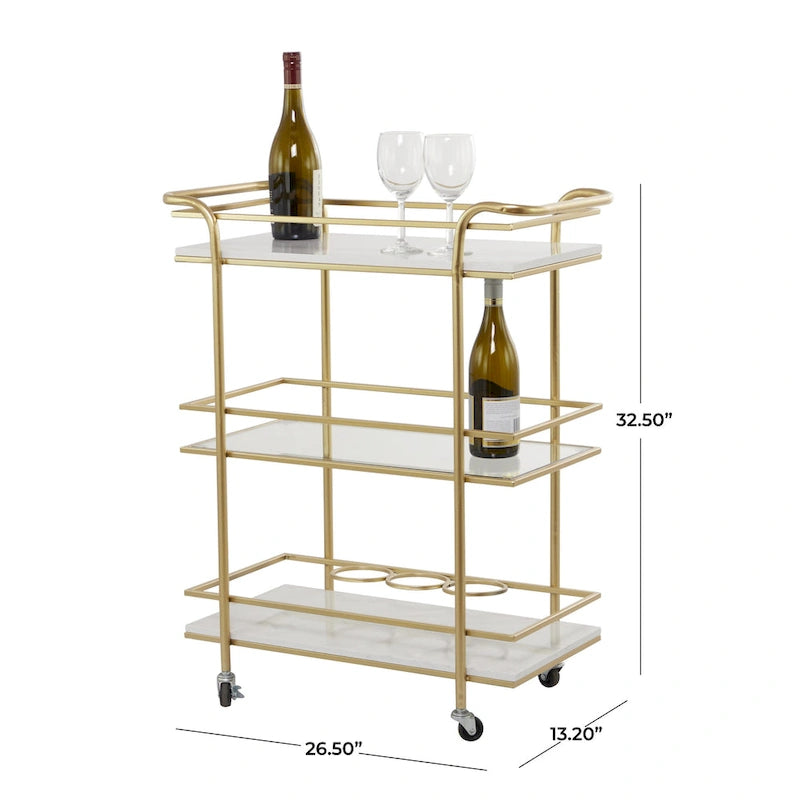 Chariot de bar roulant à 3 niveaux Or - Étagères en marbre et verre - Unité unique