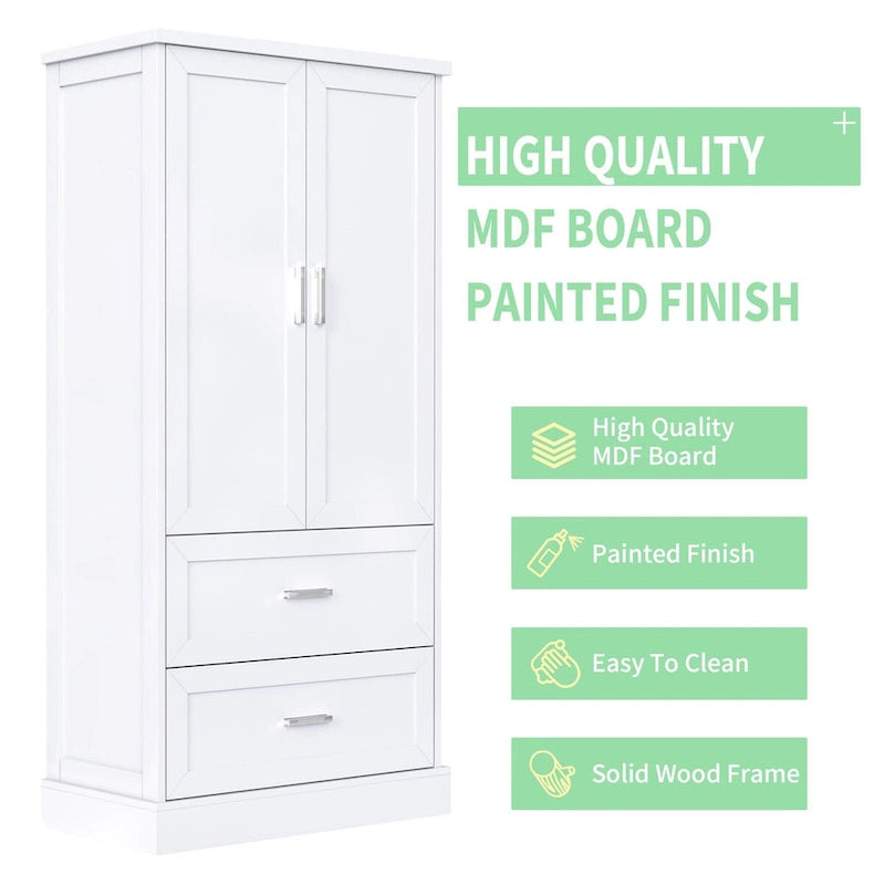 Meuble de rangement de salle de bain blanc, 2 portes et 2 tiroirs, étagère réglable, MDF, pour 1 personne