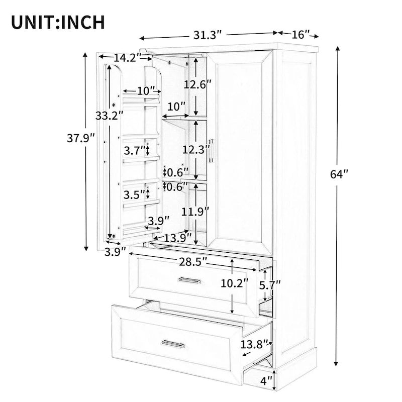 Meuble de rangement de salle de bain blanc, 2 portes et 2 tiroirs, étagère réglable, MDF, pour 1 personne