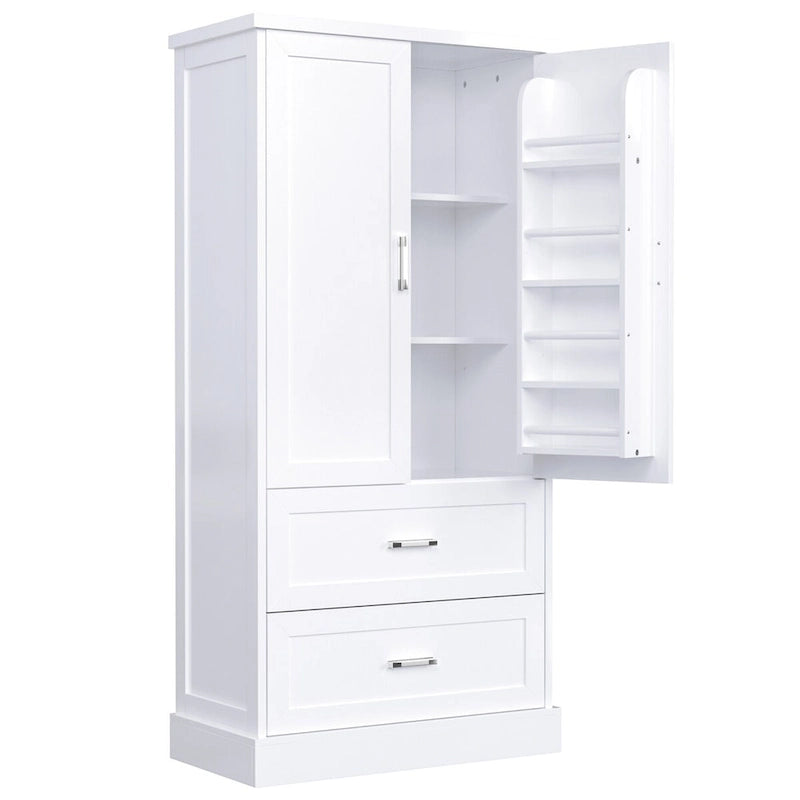 Meuble de rangement de salle de bain blanc, 2 portes et 2 tiroirs, étagère réglable, MDF, pour 1 personne