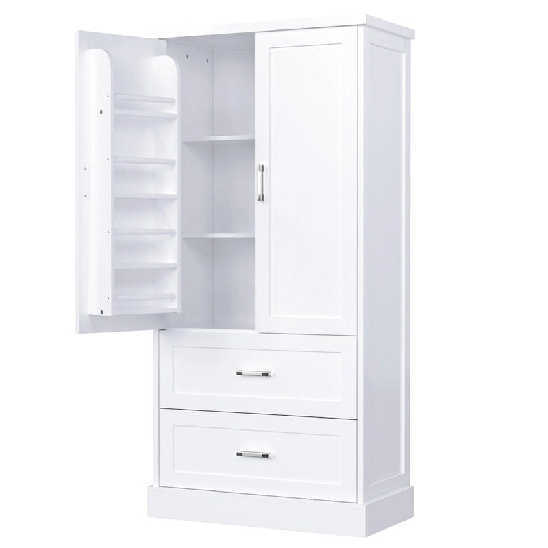 Meuble de rangement de salle de bain blanc, 2 portes et 2 tiroirs, étagère réglable, MDF, pour 1 personne