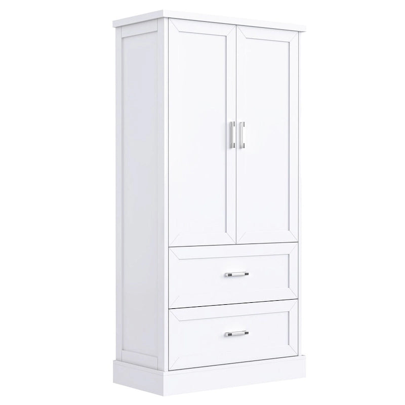 Meuble de rangement de salle de bain blanc, 2 portes et 2 tiroirs, étagère réglable, MDF, pour 1 personne