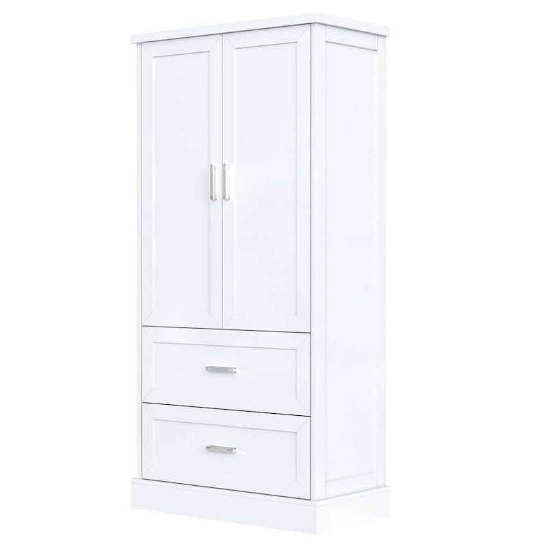 Meuble de rangement de salle de bain blanc, 2 portes et 2 tiroirs, étagère réglable, MDF, pour 1 personne