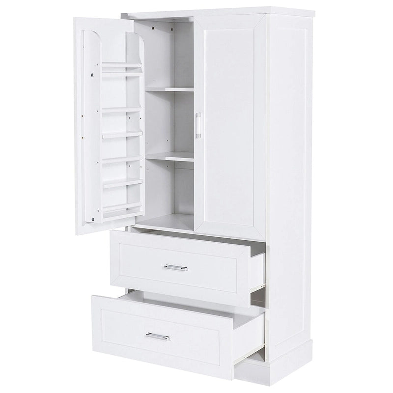 Meuble de rangement de salle de bain blanc, 2 portes et 2 tiroirs, étagère réglable, MDF, pour 1 personne