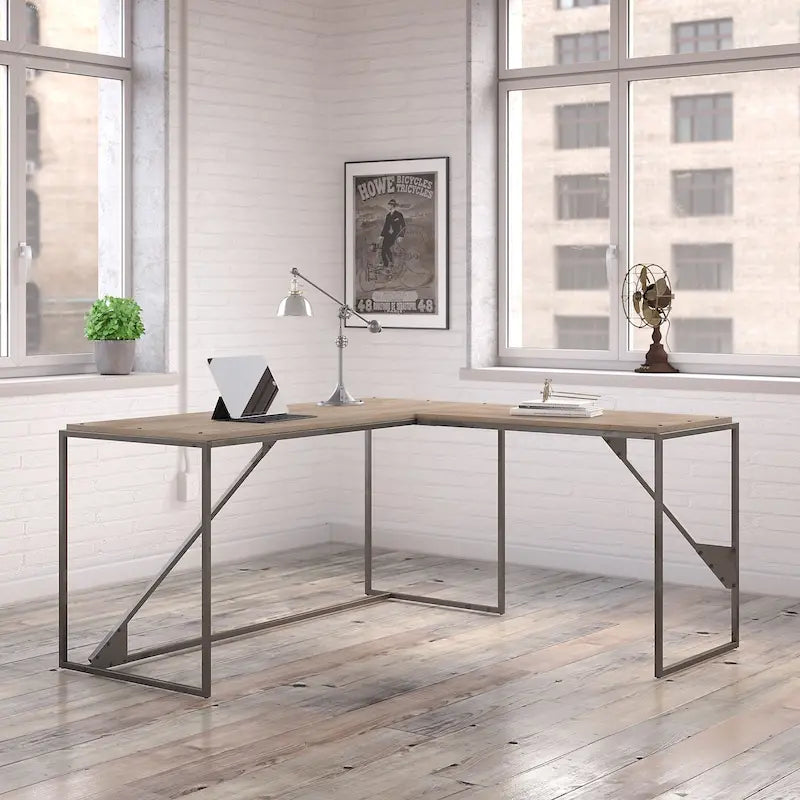 Bureau d'angle en L pour 1 personne, Gris rustique / Gris restauré / Noyer hickory gris foncé / Blanc cottage