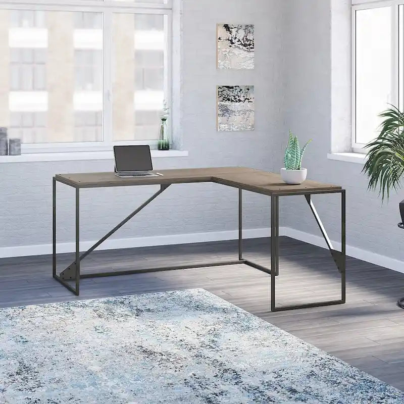 Bureau d'angle en L pour 1 personne, Gris rustique / Gris restauré / Noyer hickory gris foncé / Blanc cottage