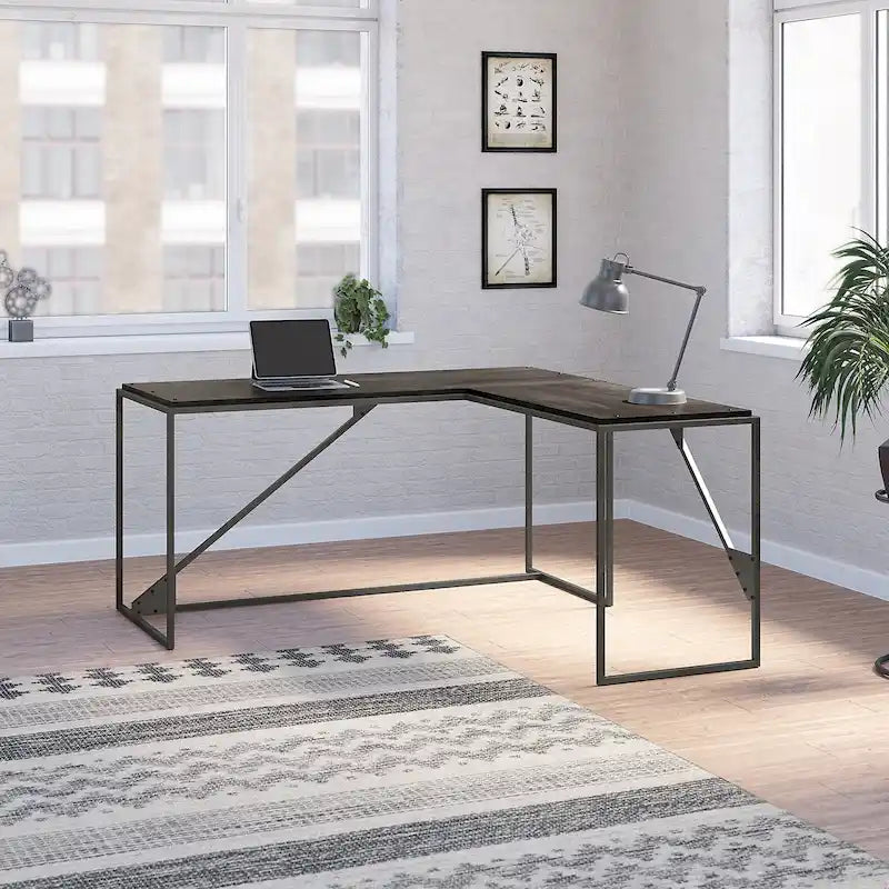 Bureau d'angle en L pour 1 personne, Gris rustique / Gris restauré / Noyer hickory gris foncé / Blanc cottage