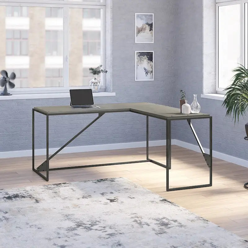 Bureau d'angle en L pour 1 personne, Gris rustique / Gris restauré / Noyer hickory gris foncé / Blanc cottage