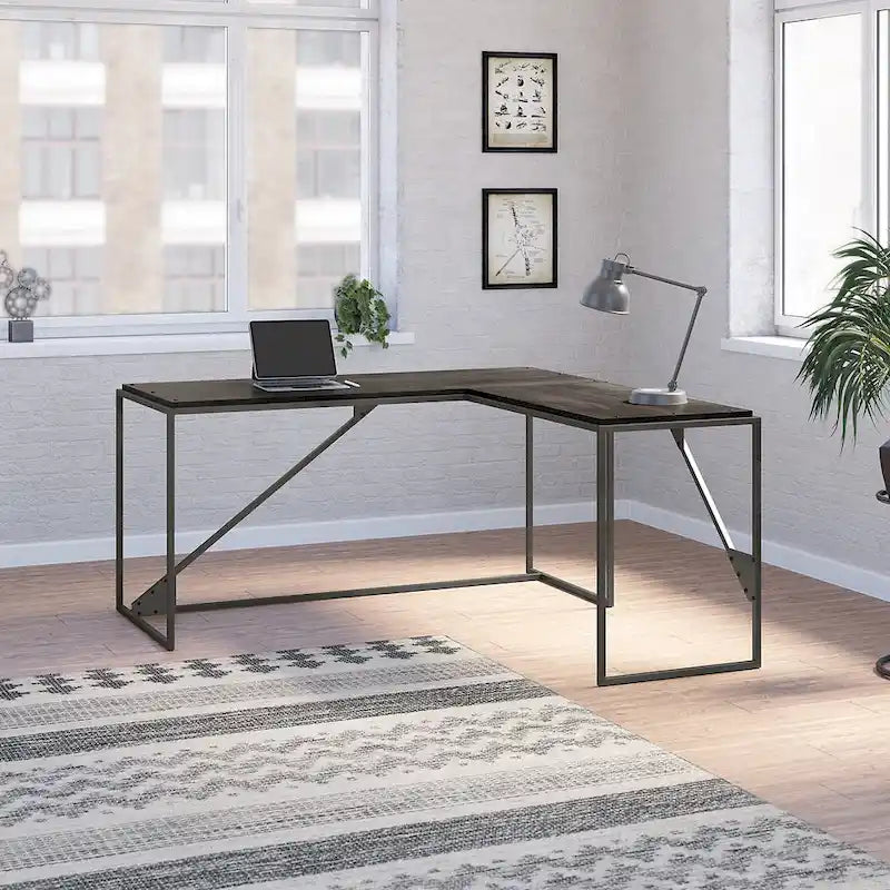 Bureau d'angle en L pour 1 personne, Gris rustique / Gris restauré / Noyer hickory gris foncé / Blanc cottage