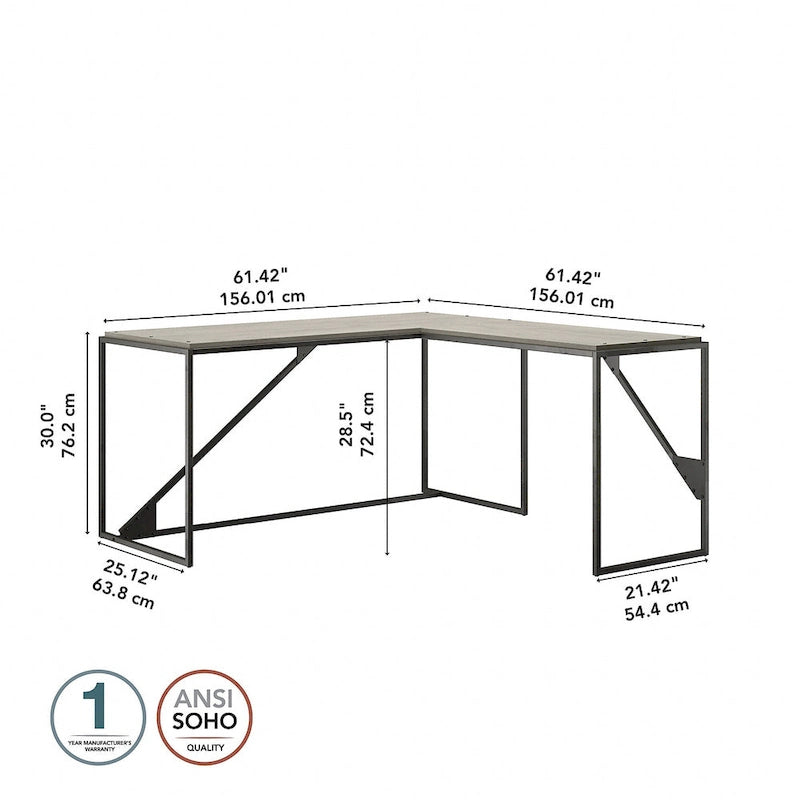 Bureau d'angle en L pour 1 personne, Gris rustique / Gris restauré / Noyer hickory gris foncé / Blanc cottage