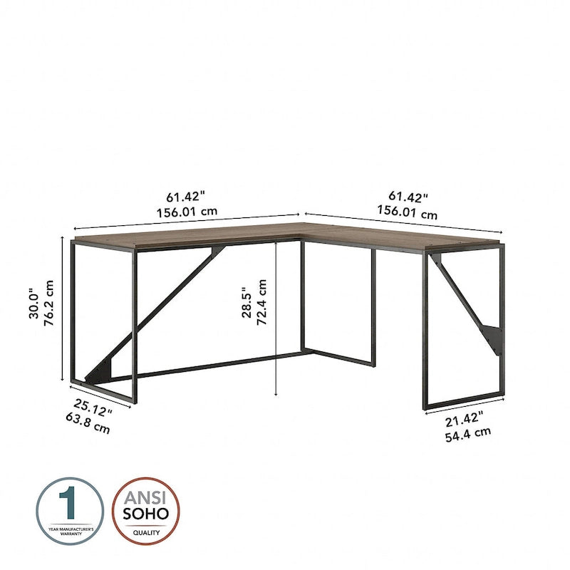 Bureau d'angle en L pour 1 personne, Gris rustique / Gris restauré / Noyer hickory gris foncé / Blanc cottage