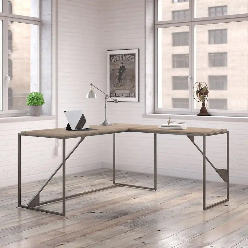 Bureau d'angle en L pour 1 personne, Gris rustique / Gris restauré / Noyer hickory gris foncé / Blanc cottage
